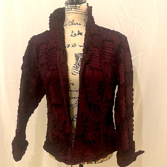 Samuel Dong sheer Ribbon front zip Burgandy Blazer large - Picture 4 of 6